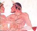 Ausflug in Pompeji - Paestum: Detail von einem Fresko im Grab des Tauchers