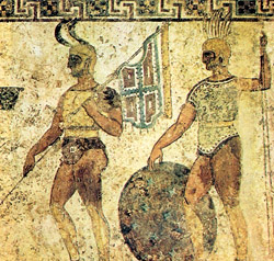 Fresque du Musée archéologique National de Naples avec l'image de soldats Samnites, une ancienne population de la Campanie