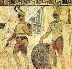 Fresco from the National Archaeological Museum of Naples with the image of Sumnite soldiers, an ancient population of Campania